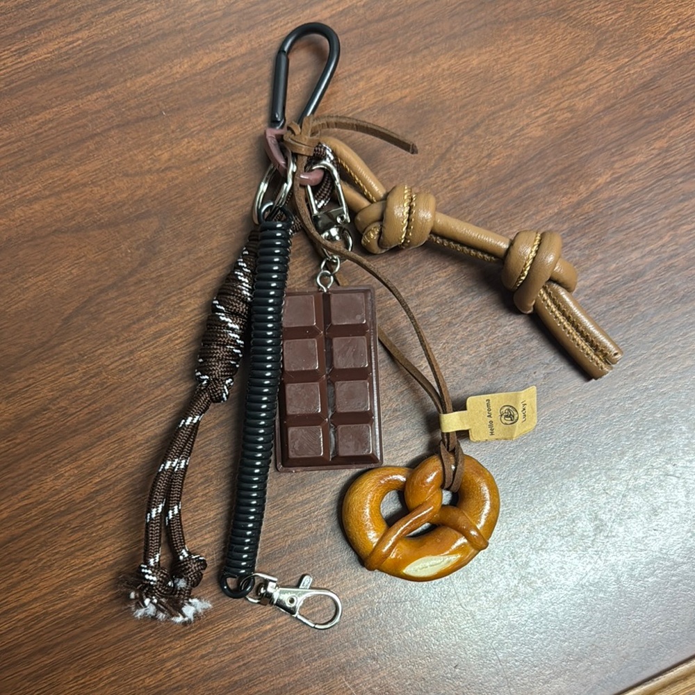 Brown Leather Keychain with Pretzel and Chocolate Charms